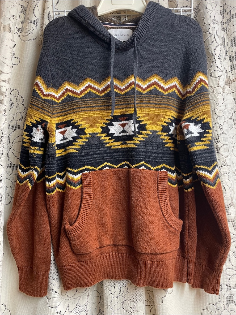 Sun + Stone Hoodie Aztec Knit Sweater in Rust, Charcoal and Yellow 100%Cotton